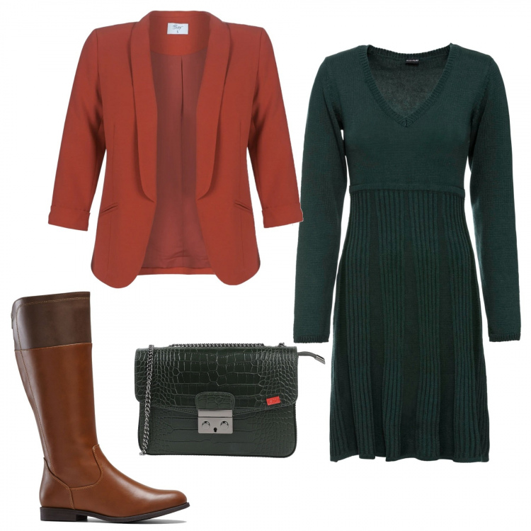 Outfit donna - Color block. Stile Trendy per Ufficio. Abbinamento con vestiti, stivali, borse a tracolla, blazer.