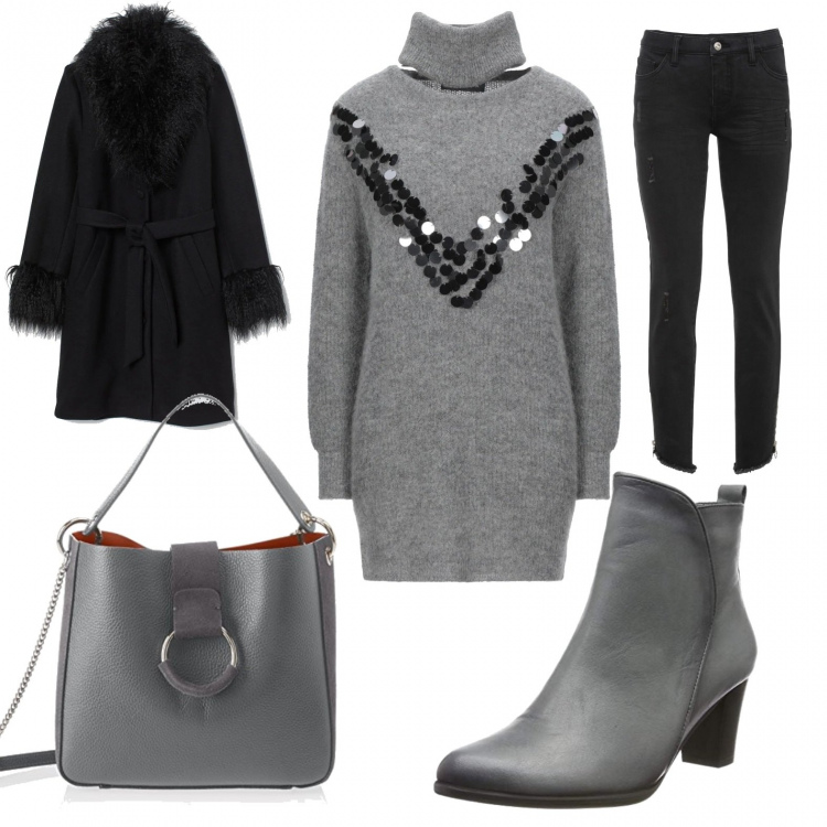 Outfit donna - Il grigio. Stile Trendy per Tutti i giorni. Abbinamento con jeans skinny, pullovers, cappotti, stivali, borse a spalla.