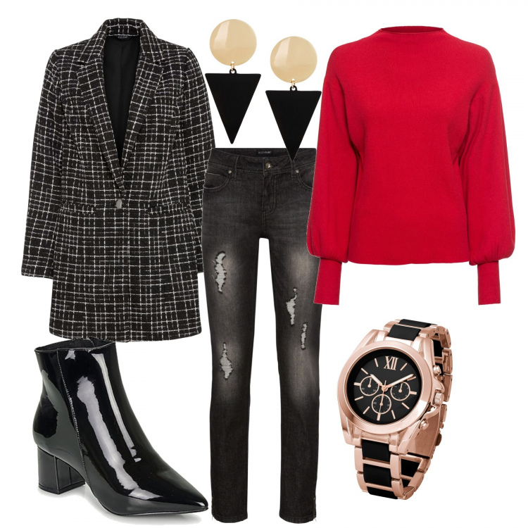 Outfit donna - Low cost natalizio. Stile Trendy per Serata fuori. Abbinamento con maglieria, vestiti asimmetrici, jeans strappati, top, orecchini, stivaletti.