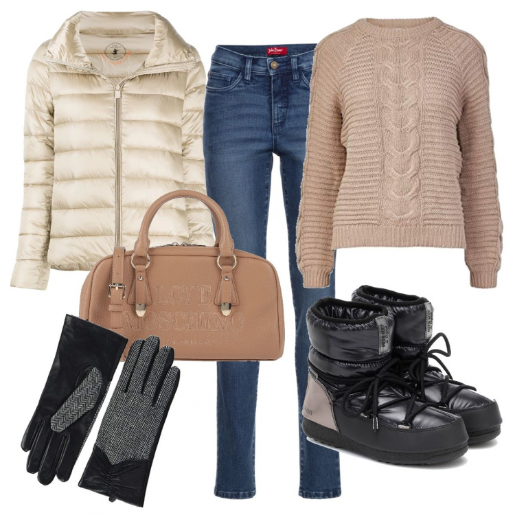 Outfit donna - Moon boot glam in montagna. Stile Trendy per Tutti i giorni. Abbinamento con jeans slim fit, borse a mano, piumini, pullovers, stivaletti, guanti.