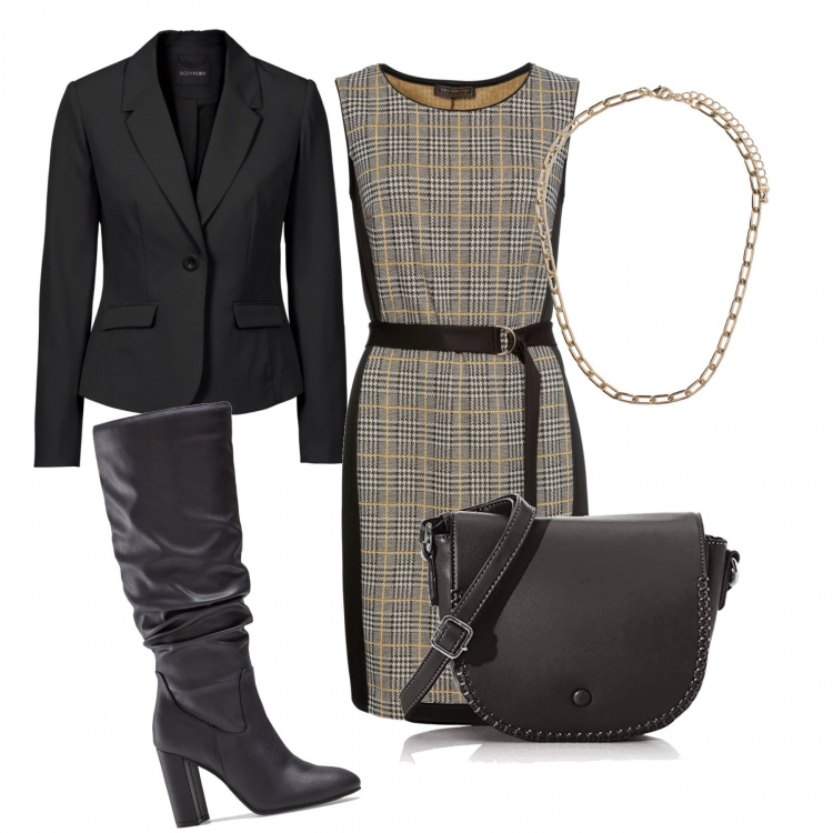 Outfit donna - Casual. Stile Trendy per Ufficio. Abbinamento con blazer, vestiti a tubino, stivali sopra il ginocchio, borse a tracolla, collane.