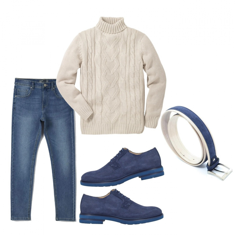 Outfit uomo - Bianco e blu. Stile Casual per Tutti i giorni. Abbinamento con maglieria, scarpe stringate, jeans, cinture.