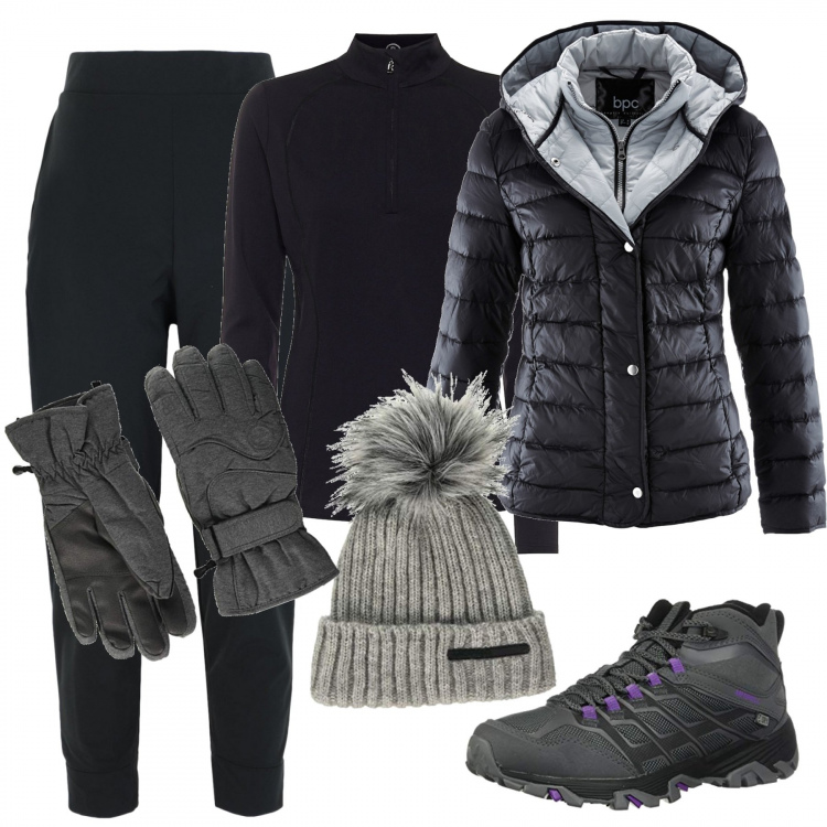 Outfit donna - Piumino per la montagna. Stile Trendy per Sport. Abbinamento con piumini, pantaloni, stivali da neve, guanti, berretti, felpe.