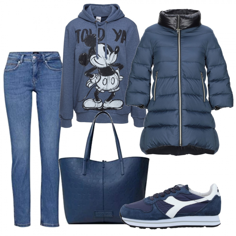 Outfit donna - Questione di total blu. Stile Basic per Tutti i giorni. Abbinamento con gonne lunghe, piumini, sneakers, shopping bag, jeans dritti.