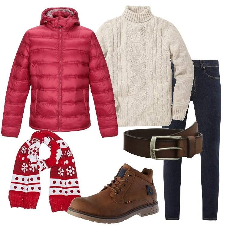 Outfit uomo - Natale in casual low cost. Stile Casual per Tutti i giorni. Abbinamento con maglieria, piumini, cinture, jeans skinny, stivali e stivaletti, sciarpe.