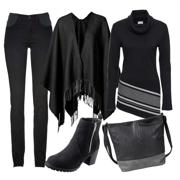 Outfit donna - Il poncho nero. Stile Urban per Ufficio. Abbinamento con jeans skinny, maglioni, cappotti, shopping bag, stivaletti.