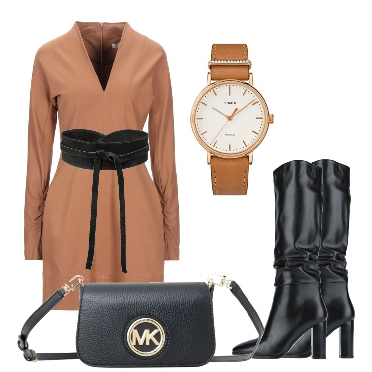 Outfit donna - Splendida in ufficio. Stile Trendy per Ufficio. Abbinamento con cinture, vestiti corti, stivali, marsupi, orologi analogici.