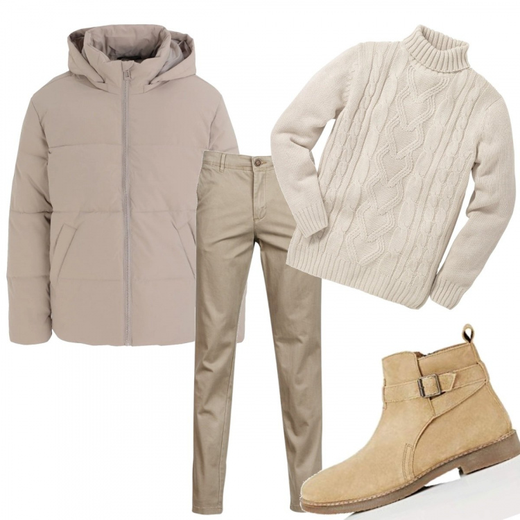 Outfit uomo - Natale in montagna. Stile Casual per Tutti i giorni. Abbinamento con maglieria, piumini, pantaloni, stivali e stivaletti.
