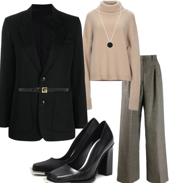 Outfit donna - Maglione e blazer. Stile Urban per Ufficio. Abbinamento con pullovers, collane, pantaloni, collane, giacche, décolleté.