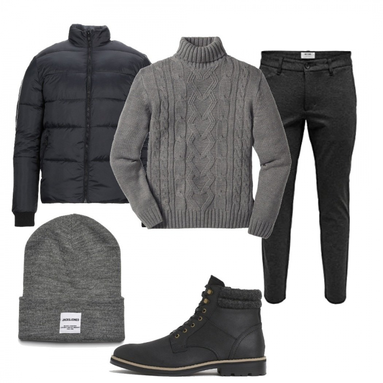 Outfit uomo - Urban #11979. Stile Urban per Tutti i giorni. Abbinamento con maglieria, piumini, berretti, pantaloni chino, stivali e stivaletti.