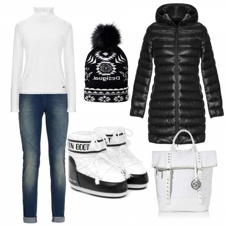Outfit donna - Weekend sulla neve. Stile Trendy per Tutti i giorni. Abbinamento con jeans boyfriend, piumini, pullovers, zaini, stivaletti, cappelli.