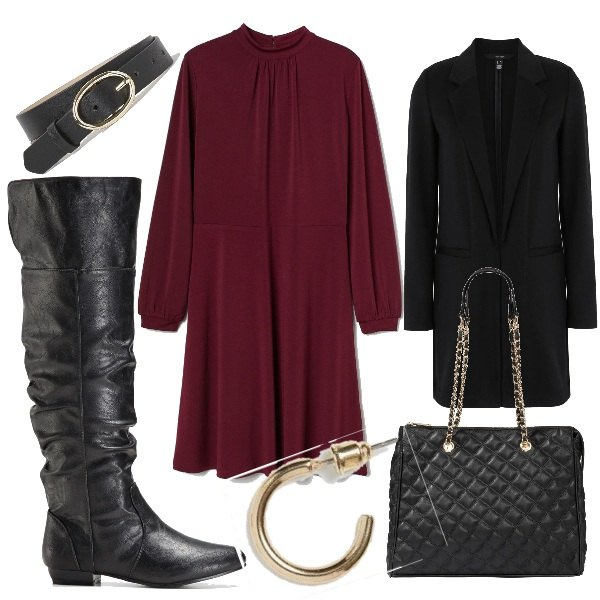 Outfit donna - Budget low-cost a natale. Stile Trendy per Tutti i giorni. Abbinamento con stivali sopra il ginocchio, shopping bag, blazer, vestiti corti, cinture, orecchini.