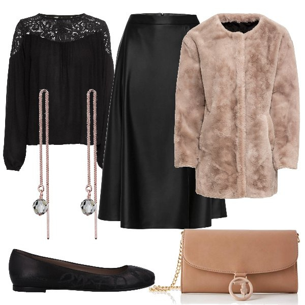 Outfit donna - Chic #50600. Stile Chic per Serata fuori. Abbinamento con tuniche, gonne longuette, ecopellicce, ballerine, orecchini, clutch.