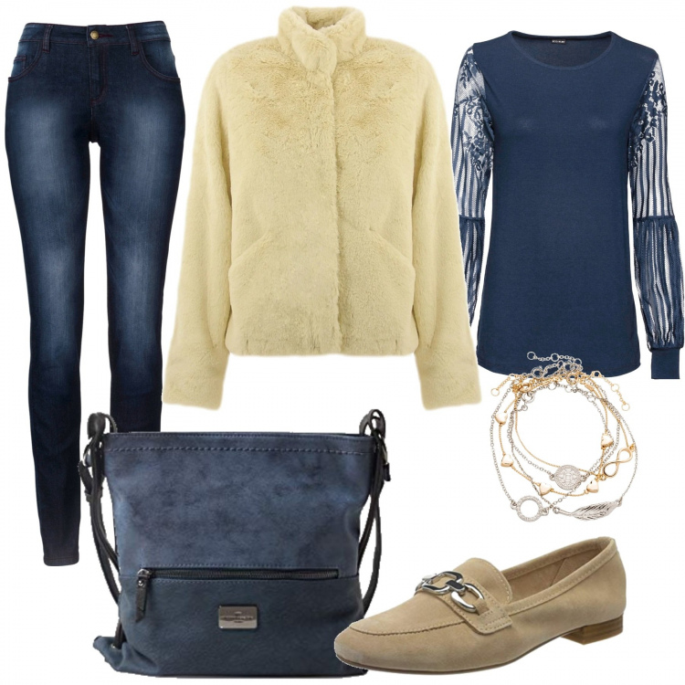 Outfit donna - Mix&Match. Stile Basic per Tutti i giorni. Abbinamento con jeans skinny, braccialetti con ciondoli, pullovers, cappotti, mocassini, borse a tracolla.