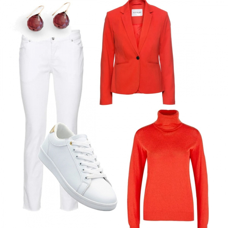 Outfit donna - Smartwork. Stile Basic per Tutti i giorni. Abbinamento con blazer, sneakers, pantaloni capri, orecchini, pullovers.
