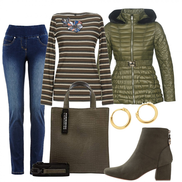 Outfit donna - Una corsa al market. Stile Basic per Tutti i giorni. Abbinamento con jeans, stivaletti, pullovers, piumini, borse tote, orecchini.