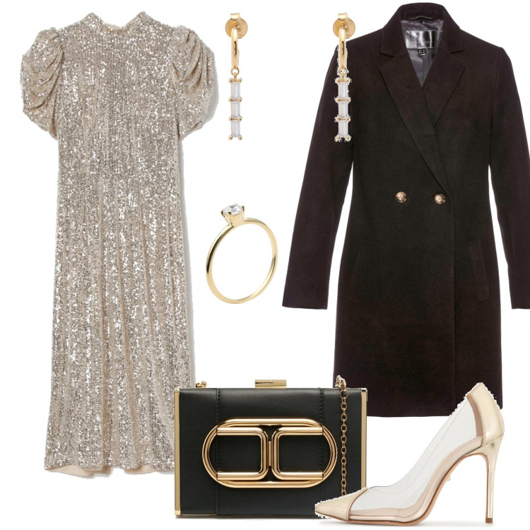 Outfit donna - New year\'s eve. Stile Chic per Serata fuori. Abbinamento con orecchini, anelli, cappotti, décolleté, clutch, vestiti.