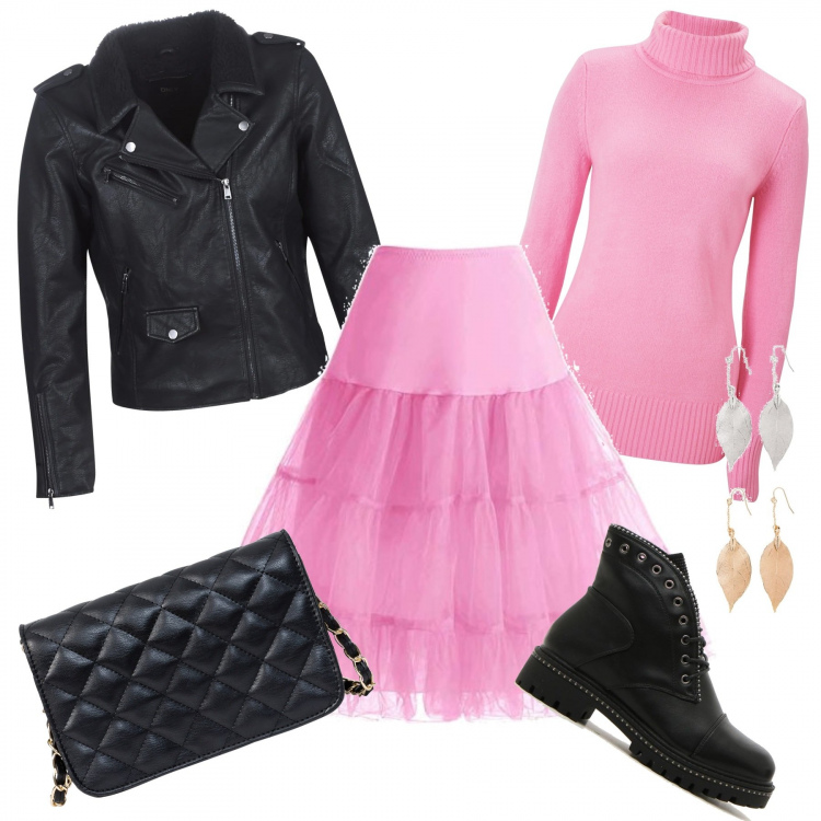 Outfit donna - La gonna in tulle. Stile Rock per Tutti i giorni. Abbinamento con borse a tracolla, maglieria, orecchini, blazer, gonne, anfibi.