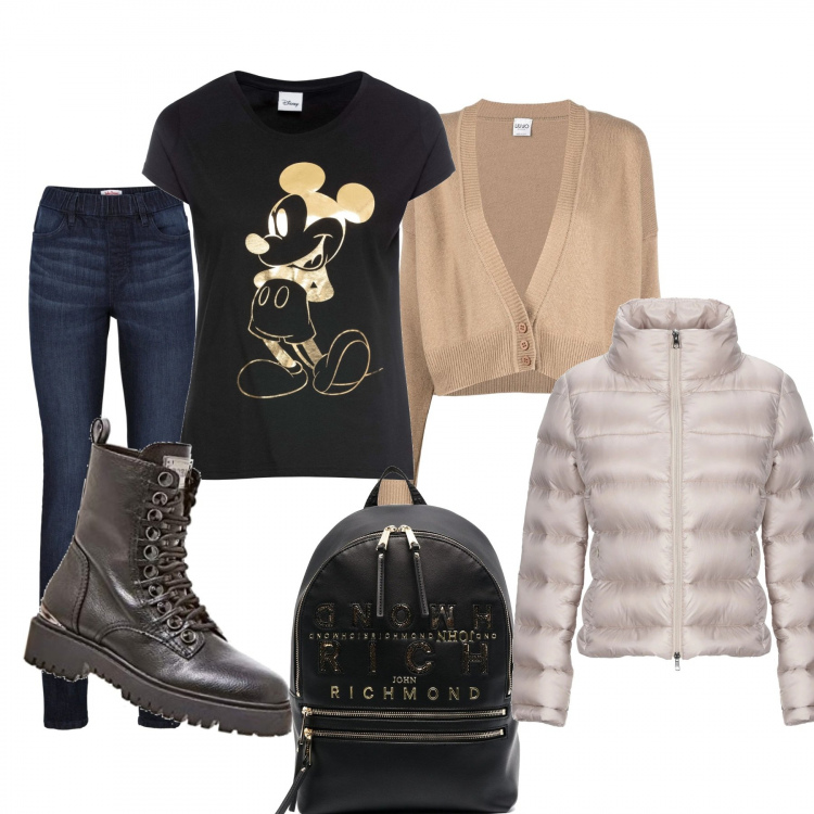 Outfit donna - Oronero. Stile Urban per Tutti i giorni. Abbinamento con t-shirt, jeggings, piumini, zaini, cardigans, anfibi.