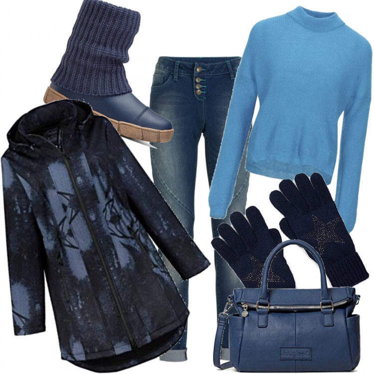 Outfit donna - Cool contro il freddo. Stile Urban per Tutti i giorni. Abbinamento con jeans boyfriend, stivaletti, pullovers, parka, guanti, borse a mano.