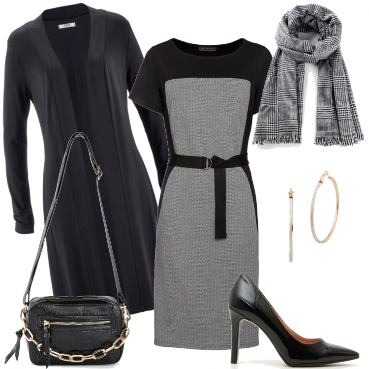 Outfit donna - In ufficio con la sciarpa. Stile Trendy per Ufficio. Abbinamento con cardigans, vestiti a tubino, borse a tracolla, sciarpe, orecchini, décolleté.