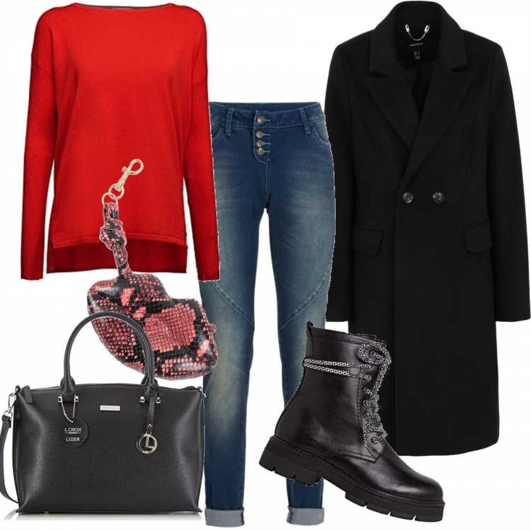 Outfit donna - L\'anfibio nero. Stile Urban per Tutti i giorni. Abbinamento con jeans boyfriend, cappotti, portachiavi, maglioni, stivaletti, borse a mano.