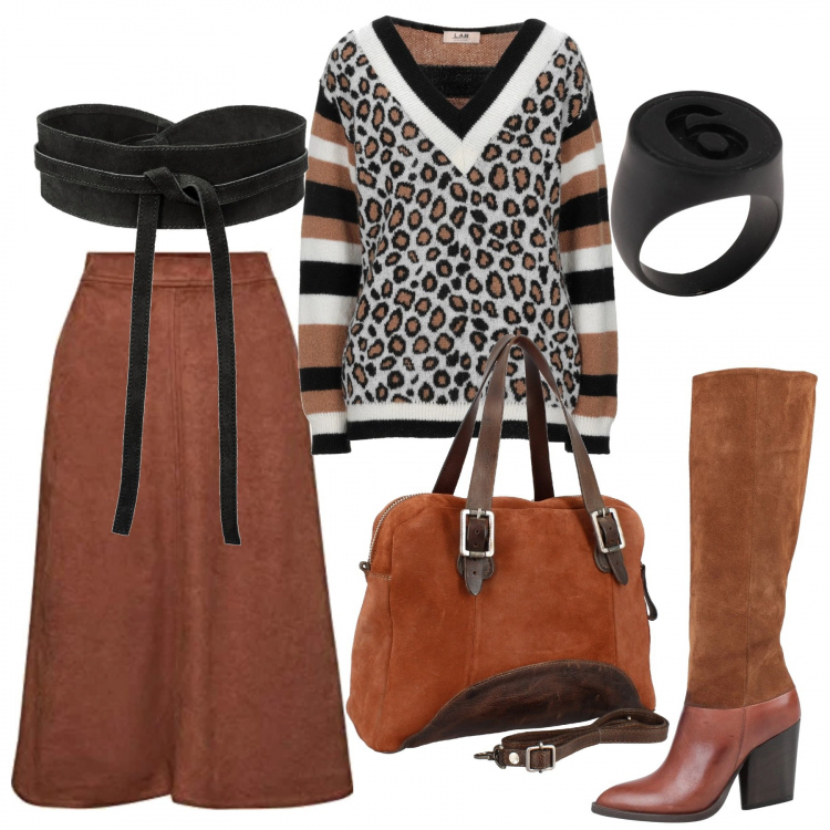 Outfit donna - Mercoledì in ufficio. Stile Trendy per Ufficio. Abbinamento con cinture, stivali, pullovers, anelli, borse a spalla, gonne.