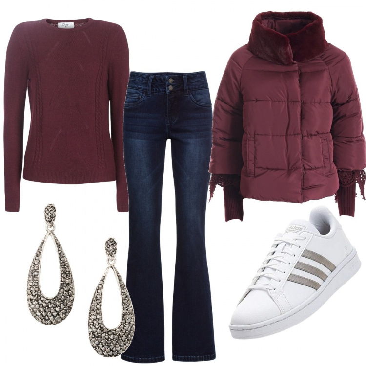 Outfit donna - Bordeaux x tutti. Stile Basic per Tutti i giorni. Abbinamento con jeans bootcut, orecchini, piumini, maglieria, sneakers.