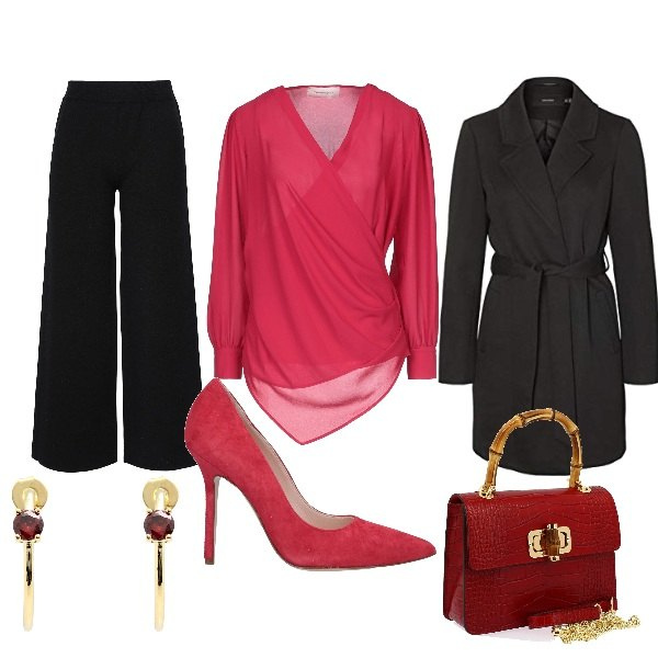 Outfit donna - Chic #50683. Stile Chic Abbinamento con bluse, pantaloni a palazzo, orecchini, décolleté, borse a mano, trench.