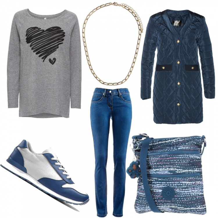 Outfit donna - Jeans e collana. Stile Basic per Tutti i giorni. Abbinamento con maglieria, jeans dritti, cappotti, sneakers, borse a tracolla, collane.