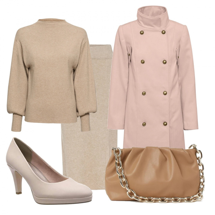 Outfit donna - Colori tenui. Stile Chic per Tutti i giorni. Abbinamento con maglieria, gonne, caban, scarpe col tacco, borse a tracolla.