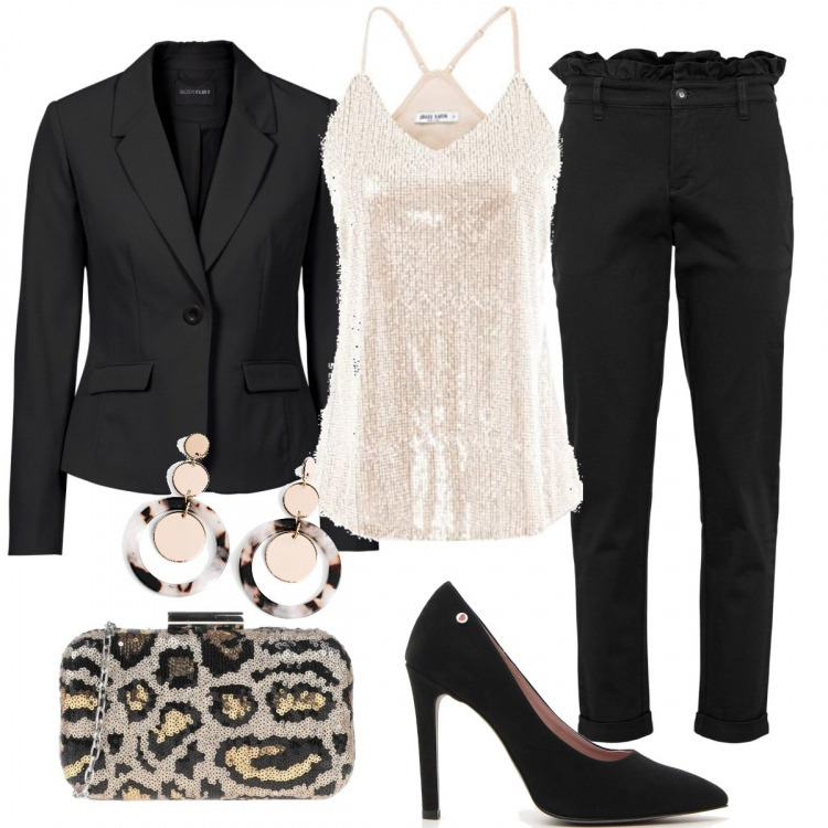 Outfit donna - Classica, elegante. Stile Chic per Serata fuori. Abbinamento con borse a mano, blazer, pantaloni, orecchini, camicie, décolleté.