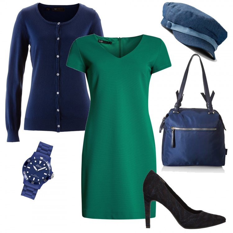 Outfit donna - L\'abito verde. Stile Chic per Tutti i giorni. Abbinamento con cardigans, cappelli con visiera, décolleté, vestiti corti, orologi, borse tote.