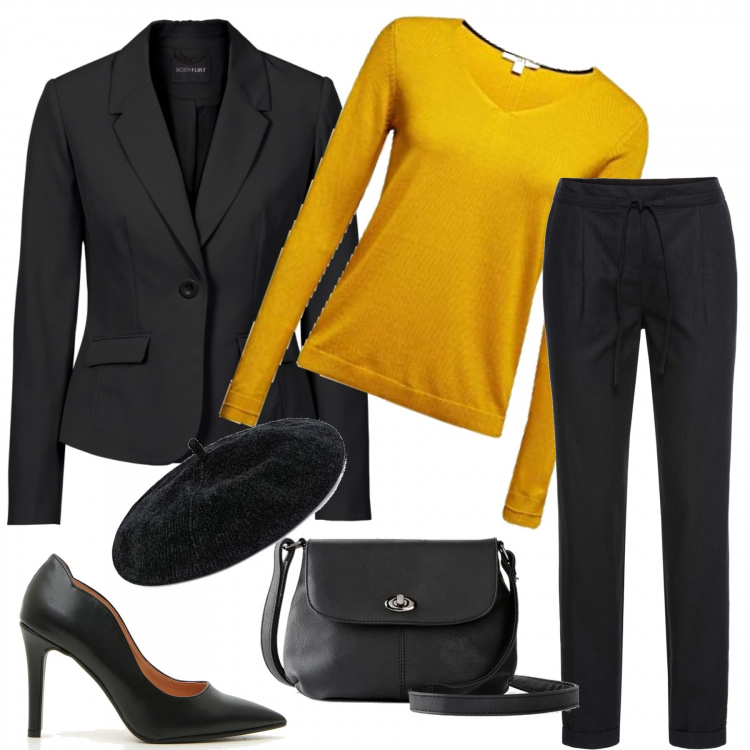 Outfit donna - Il maglioncino per soleggiare. Stile Chic per Tutti i giorni. Abbinamento con blazer, pantaloni, borse a mano, maglioni, décolleté, berretti.