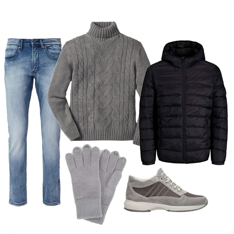 Outfit uomo - Passeggiata invernale. Stile Casual per Tutti i giorni. Abbinamento con maglieria, sneakers, giacche, jeans, guanti.