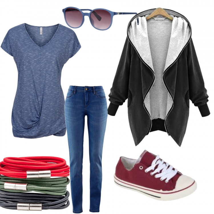 Outfit donna - Everyday casual. Stile Basic per Tutti i giorni. Abbinamento con jeans skinny, maglia con nodi a maniche corte, braccialetti, occhiali da sole lenti sfumate tinta unita, scarpe, giacca con cappuccio jersey nero.