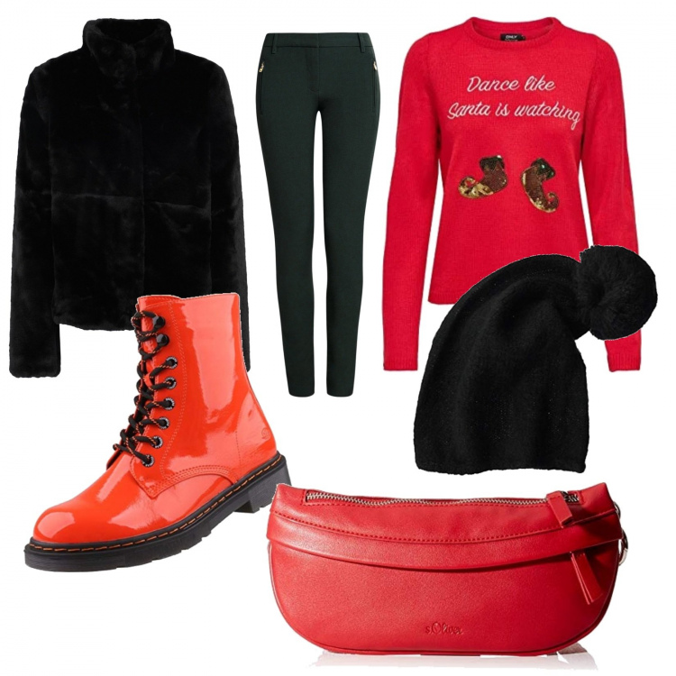 Outfit donna - Dreams is Red!. Stile Urban Abbinamento con ecopellicce, berretti, marsupi, stivali, pullovers, pantaloni.