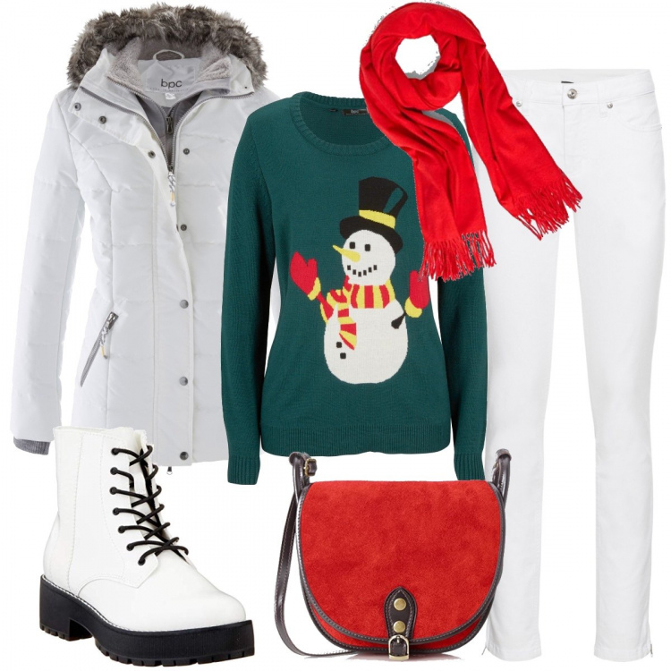 Outfit donna - Bianco Natale. Stile Basic per Tutti i giorni. Abbinamento con piumini, jeans skinny, maglieria, stivaletti, pochette, sciarpe.