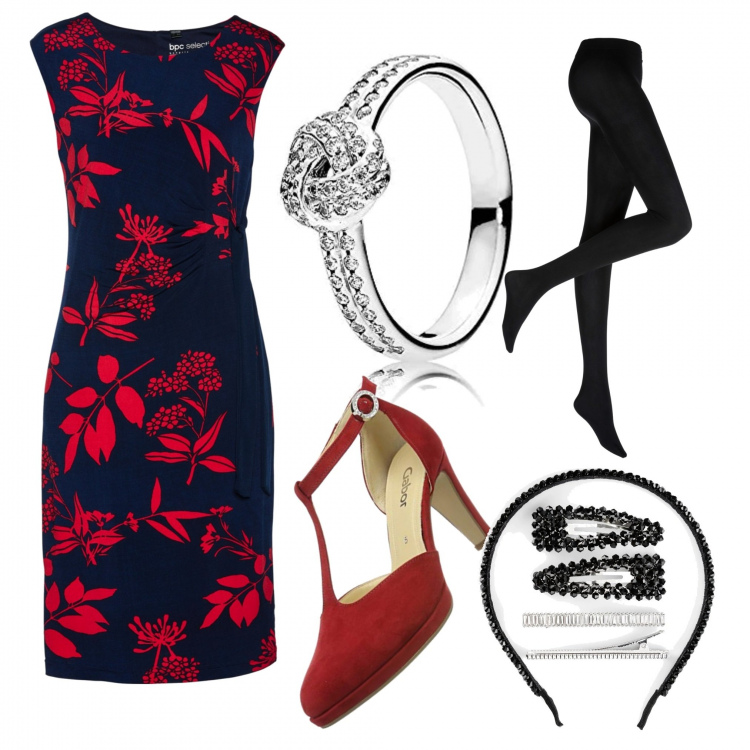 Outfit donna - Cena auguri con colleghi. Stile Chic per Serata fuori. Abbinamento con collant, vestiti, borse a mano, anelli, scarpe col tacco.