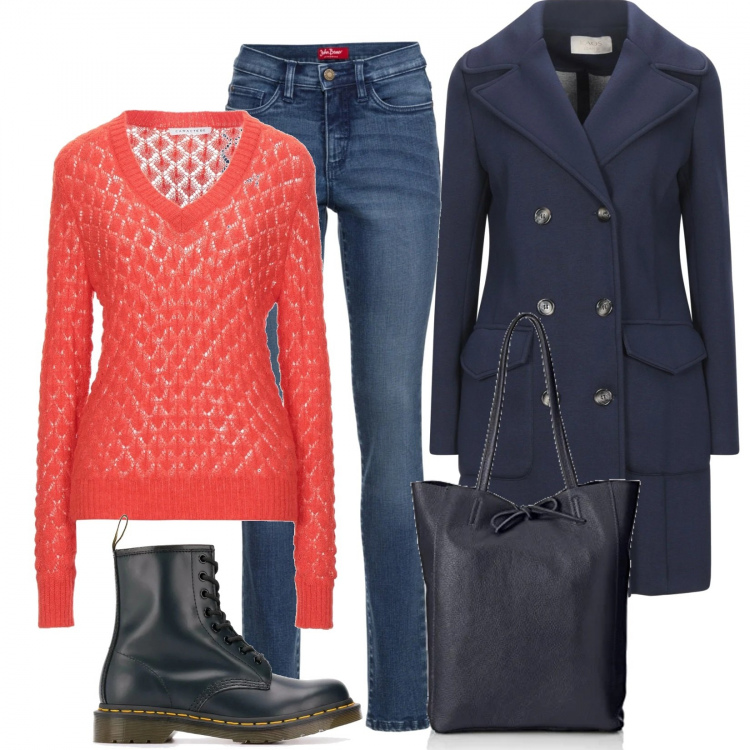 Outfit donna - Il cappotto blu. Stile Basic per Tutti i giorni. Abbinamento con jeans slim fit, cappotti, pullovers, stivaletti, borse a spalla.