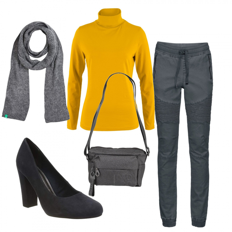 Outfit donna - Particolare. Stile Trendy per Tutti i giorni. Abbinamento con pantaloni sportivi, pullovers, borse a tracolla, scarpe col tacco, sciarpe.