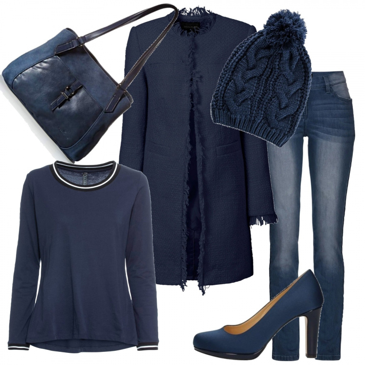 Outfit donna - In blu. Stile Trendy per Tutti i giorni. Abbinamento con blazer, maglieria, jeans, berretti, décolleté, borse tote.