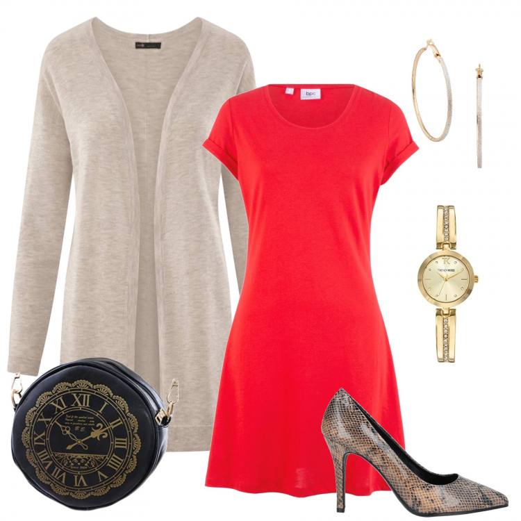 Outfit donna - Natale mon amour. Stile Trendy per Tutti i giorni. Abbinamento con vestiti, orecchini, décolleté, cardigans, orologi, orologi analogici.