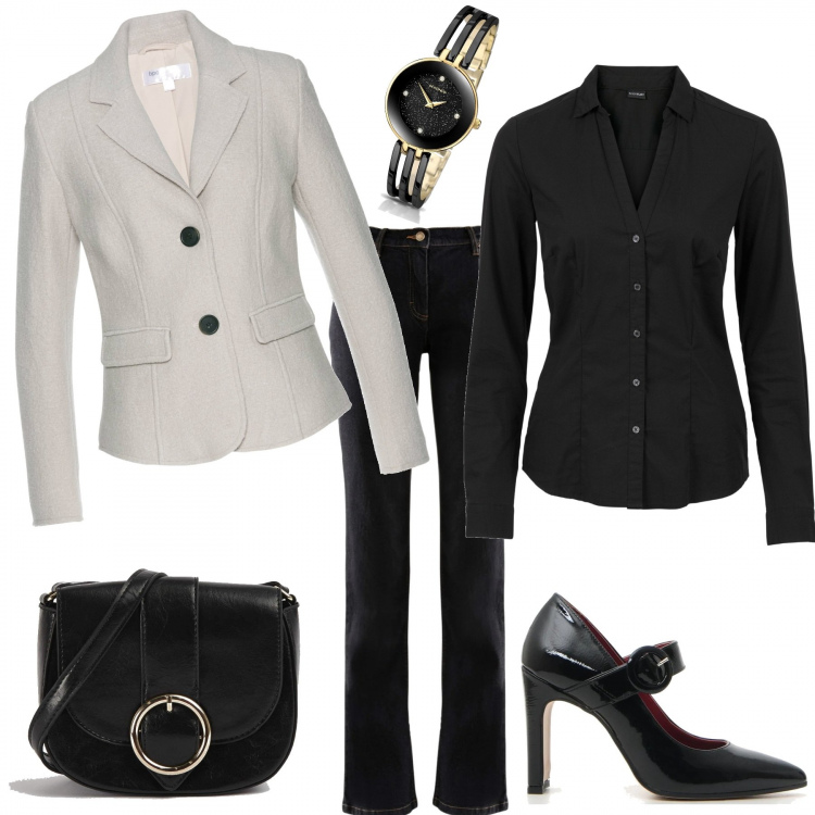 Outfit donna - In ufficio ci scambiamo i regali. Stile Trendy per Ufficio. Abbinamento con camicie, blazer, jeans dritti, borse a tracolla, décolleté, orologi.