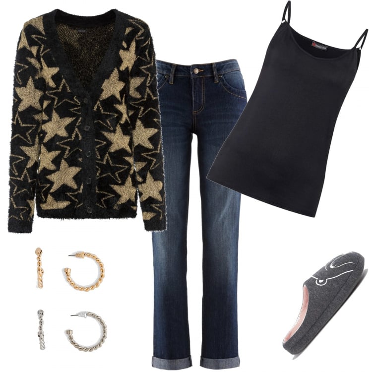 Outfit donna - Natale in videochiamata. Stile Basic per Tutti i giorni. Abbinamento con jeans dritti, cardigans, orecchini, pigiama, vestaglie.