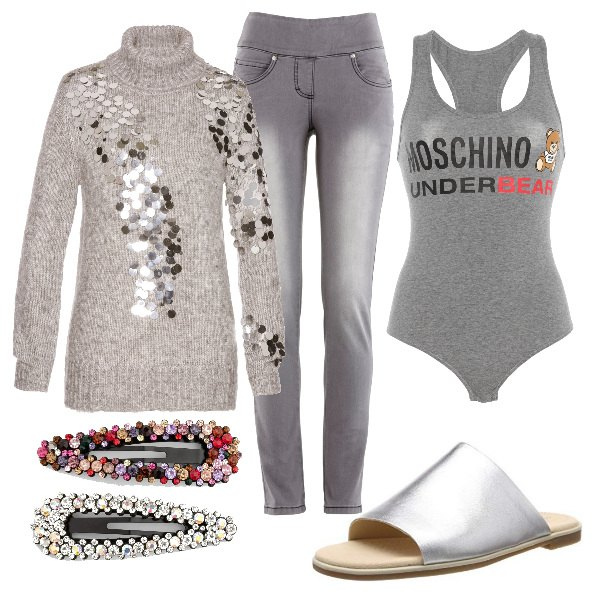 Outfit donna - Feste a casa - Curvy brillando!. Stile Basic per Tutti i giorni. Abbinamento con jeans slim fit, maglioni, vestiti, body, ciabatte.