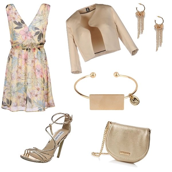 Outfit donna - Cresima. Stile Bon Ton per Cerimonia. Abbinamento con giacca scollatura profonda in raso tinta unita, bracciale fantasia tinta unita, shopping bag oro, sandali.
