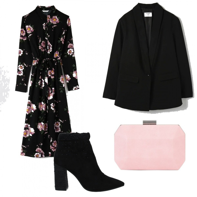 Outfit donna - Serata in compagnia. Stile Trendy per Serata fuori. Abbinamento con stivaletti, borse a mano, vestiti lunghi, blazer.