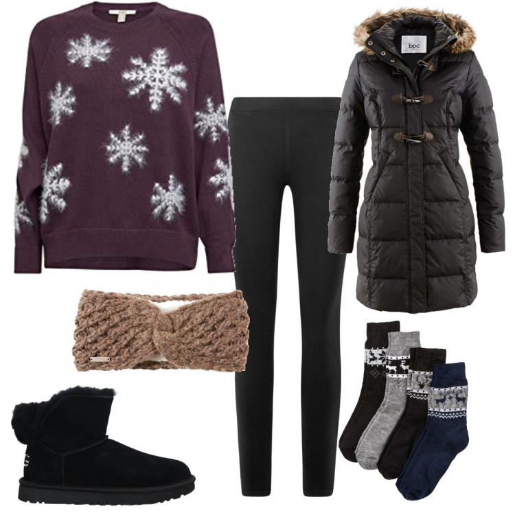 Outfit donna - Calzini natalizi. Stile Basic per Tutti i giorni. Abbinamento con calzini, montgomery, stivaletti, maglioni, fasce per capelli, jeggings.