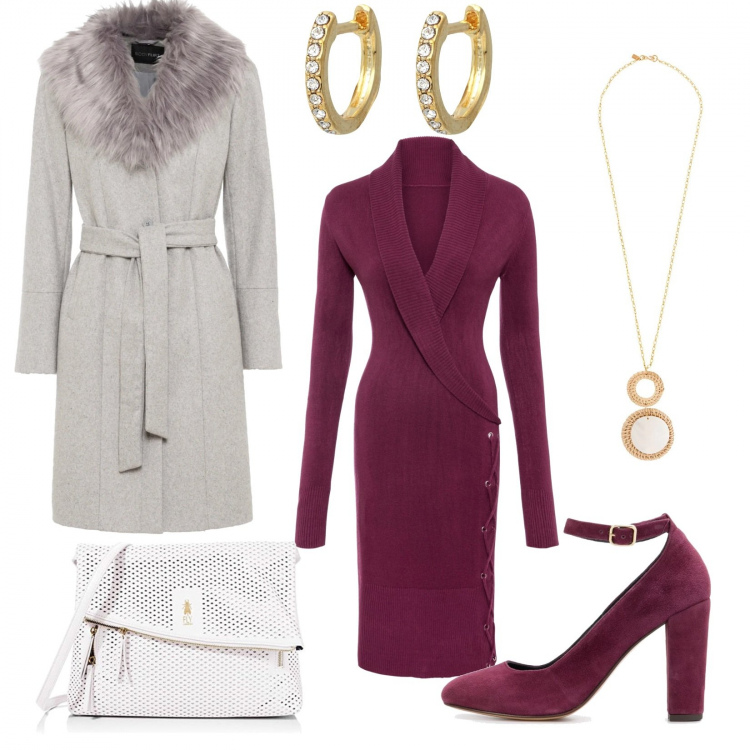 Outfit mujer - Navidad elegante. Estilo Bon Ton para Ceremonia. Combinación con bandoleras, vestidos, abrigos, zapatos de tacón, colgantes, pendientes.